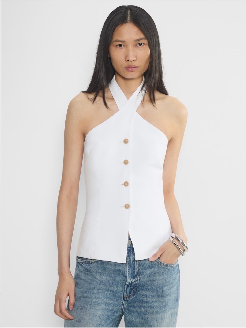Aritzia Women’s Wilfred White CruiseLinen Halter Lisbon Button Vest Top Sz S